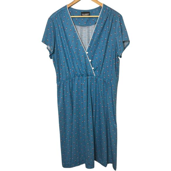 Vintage Plus Size Tabby of California Faux Wrap Blue Dot Short Sleeve Dress - Picture 2 of 8